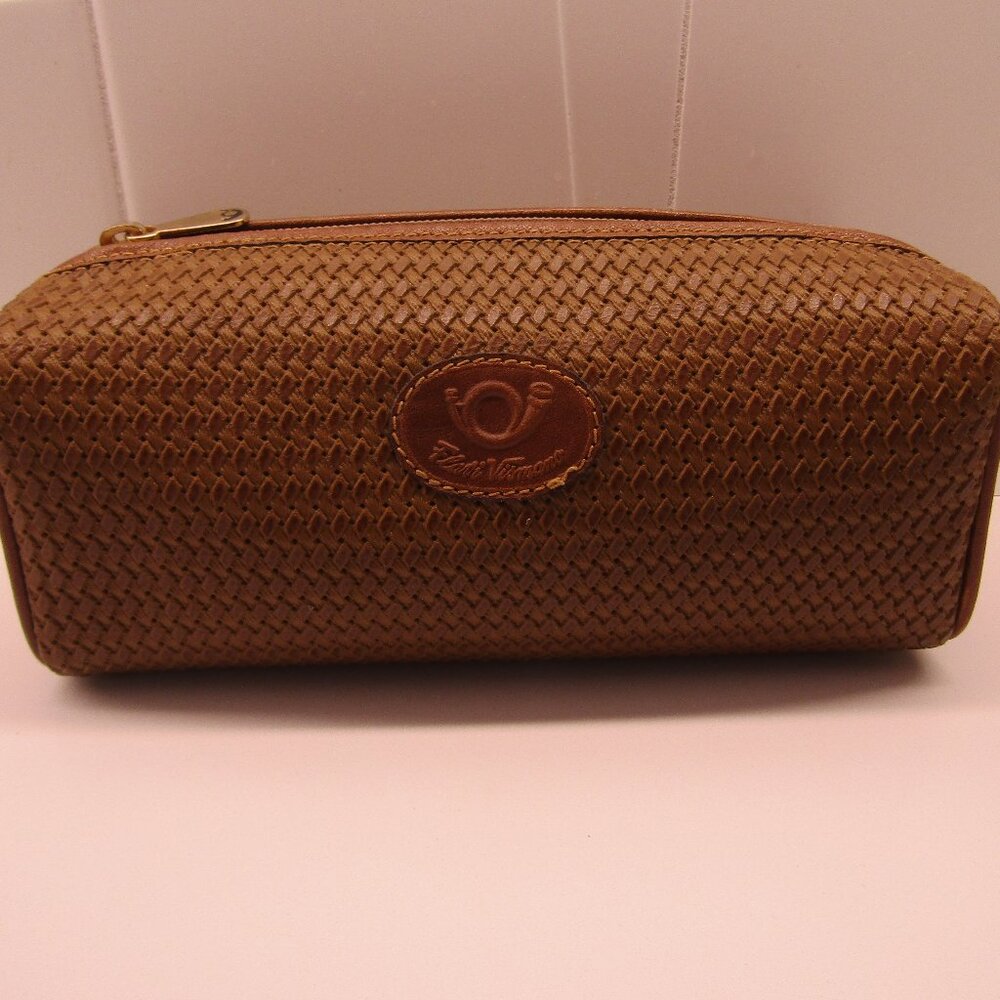 FLAVI VISMANO Italy Italian Zippered Brown Woven Leather Makeup Case Bag--New!